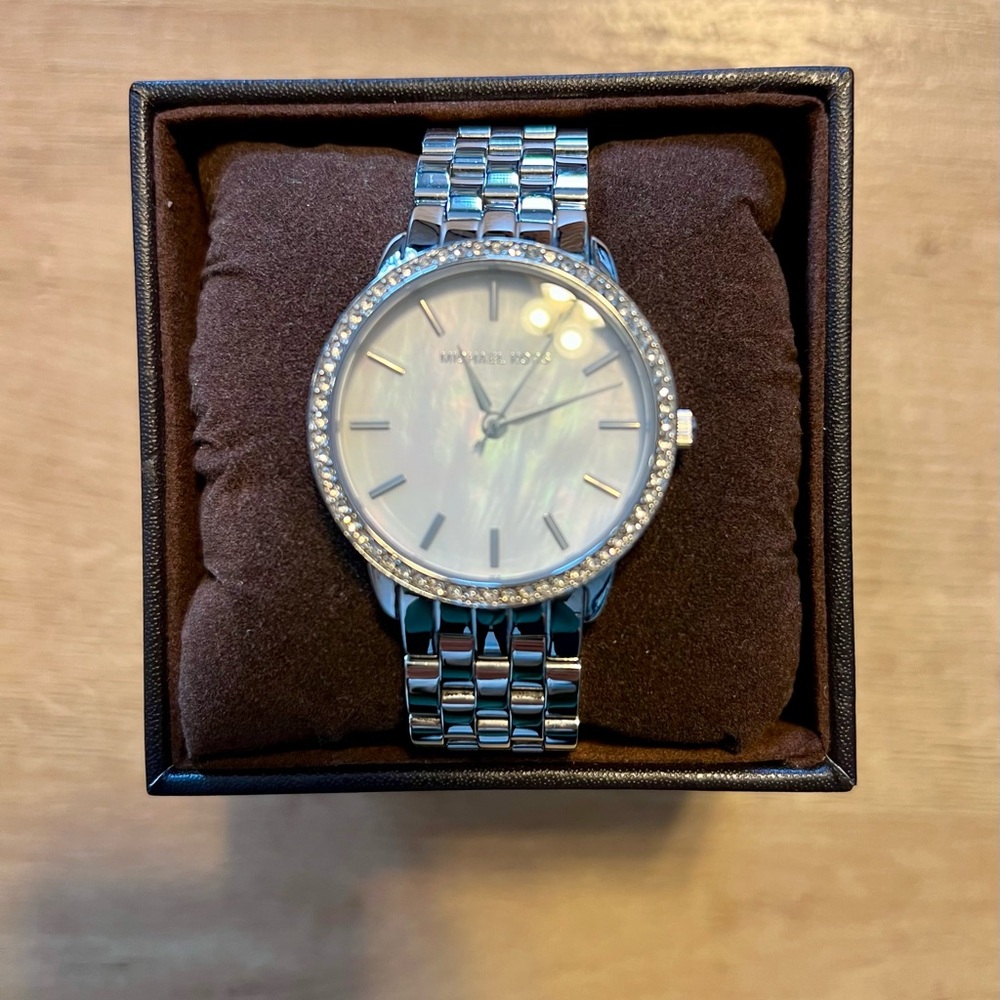 Michael Kors Silver Bracelet Watch, Mother of Pearl Face with Crystal Accents